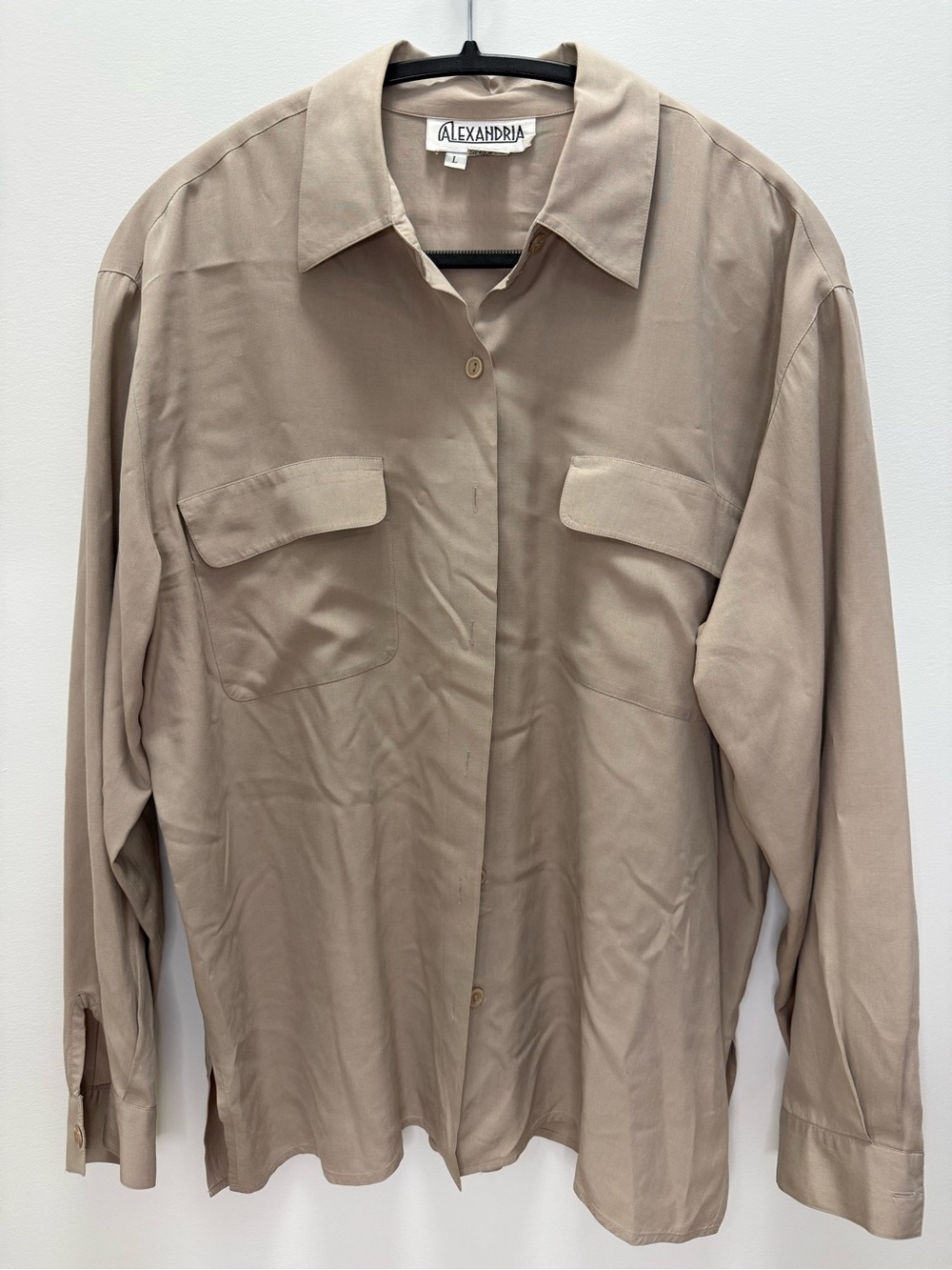 Vintage 90s Alexandria 100% Silk Taupe Oversized Blouse L
